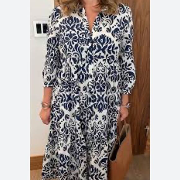 Zara Navy White Damask Print A-Line Midi Shirt
Dress size small-i8 - Picture 2 of 7